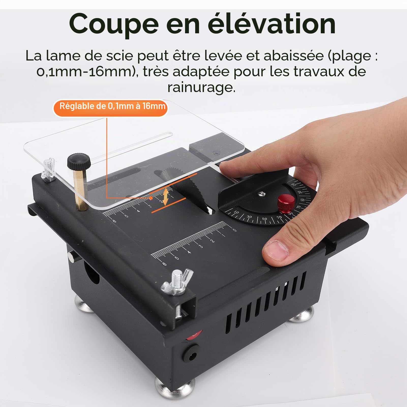 Mini scie circulaire de table électrique pour le travail du bois, coupe en métal, 7 vitesses réglables, réglage de l'angle avec différentes lames de scie, profondeur de coupe relevable