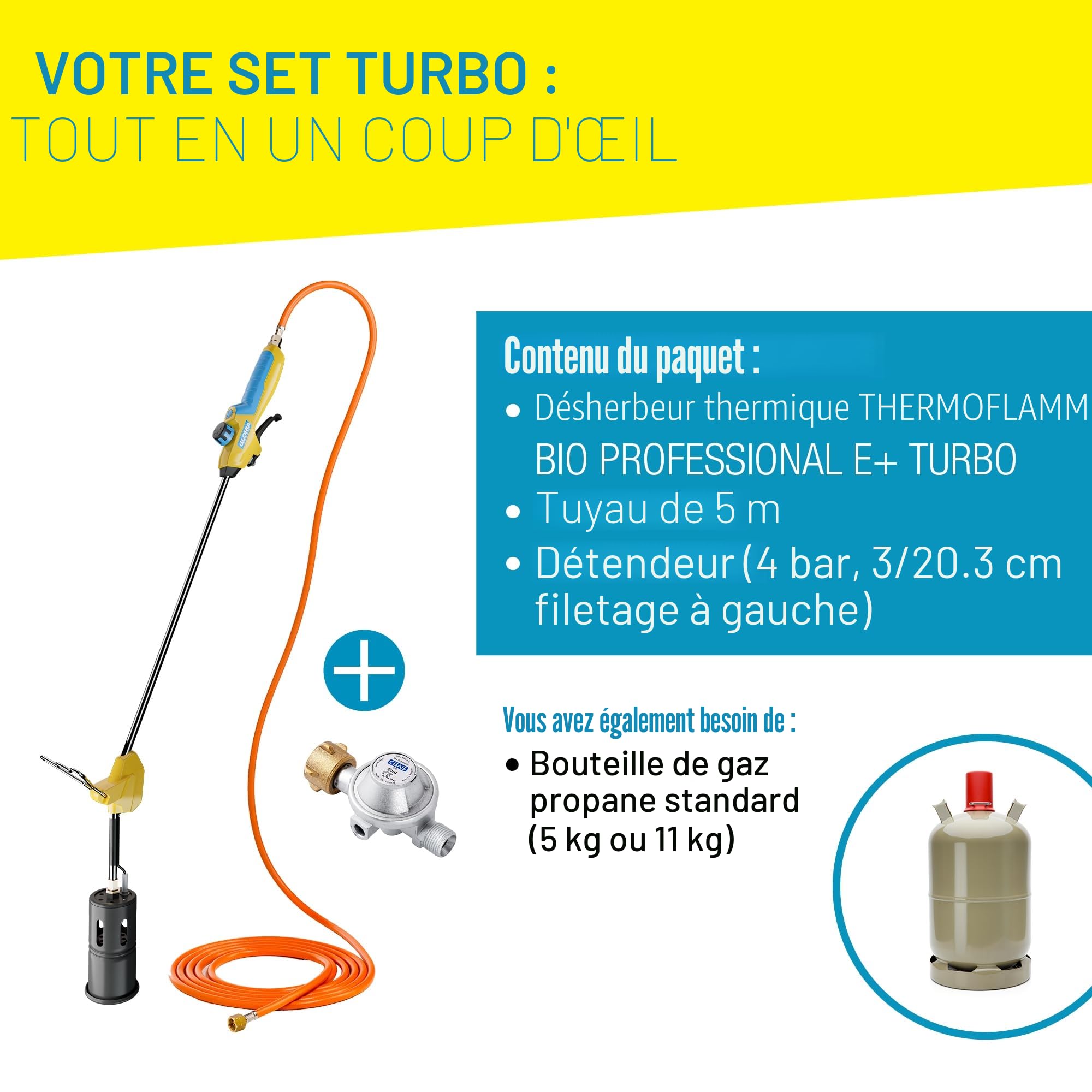 GLORIA Désherbeur Thermoflamm Professional E+ Turbo | Pour Grandes Surfaces | Buse turbo 1200°C | Allumage à la poignée | Travail confortable sans mal de dos | Inclus : tuyau 5m & réducteur de pression