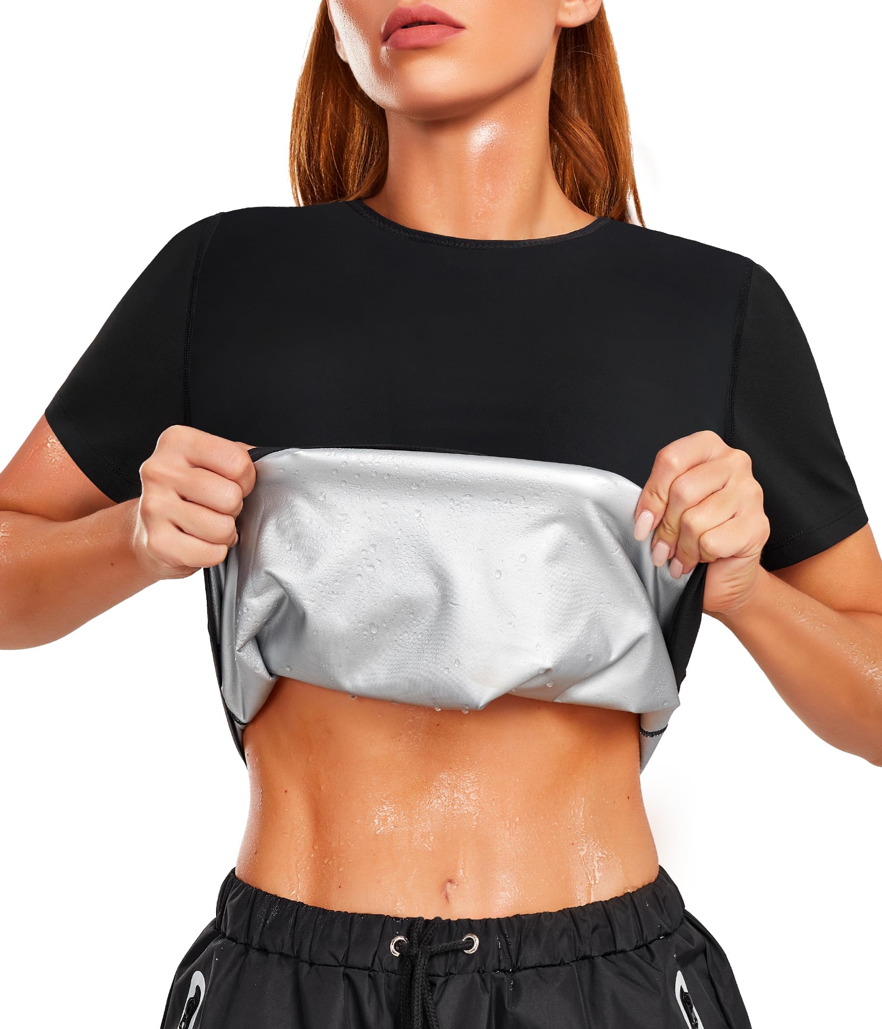 Junlan Sweat Sauna Suit for Women Waist Trainer Vest Workout T Shirts Slimming Body Shaper Short Sleeve (Black,2XL)
