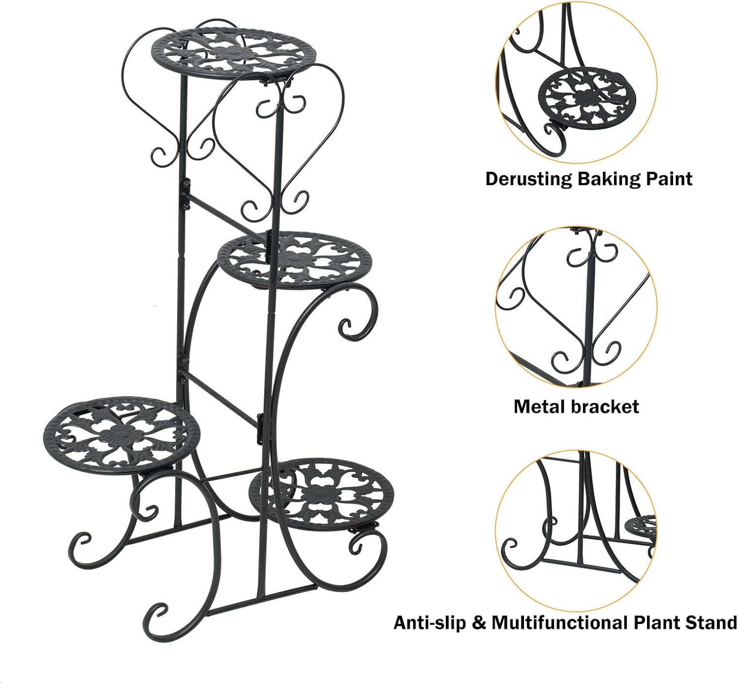 Metal Plant Stand Indoor & Outdoor Wrought Iron Plant Stands Flower Pot Holder Shelf for Multi Plants, Flower Holder Racks for Patio Garden, Living Room, Corner Balcony (4 Tier)