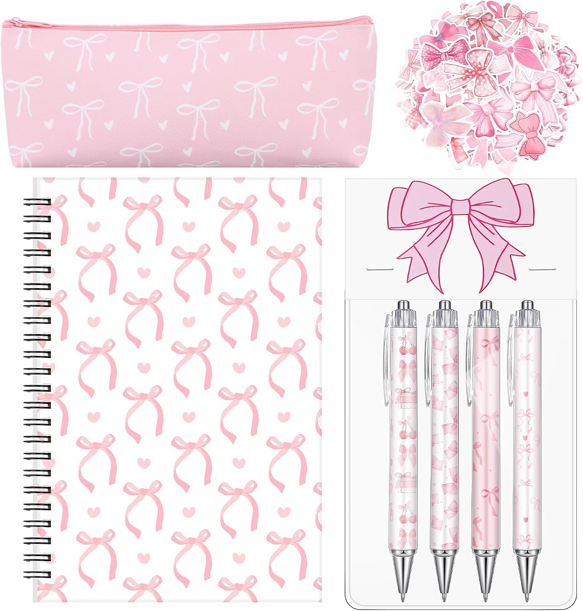 Sayglossy Pink Bow Set Bolígrafo Cuaderno en espiral Diario Estuche para lápices Etiqueta | Lindo juego de regalo rosa, suministros de coqueta, estética preppy, bolígrafo elegante para mujer, accesorios de escritorio