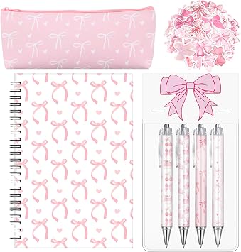 Sayglossy Pink Bow Stationery Gift Coquette School Supplies Set Include Pens Aesthetic Journal Notebook Pencil Case and Stickers Pink Bow Preppy Back to School Supplies for Girl Students