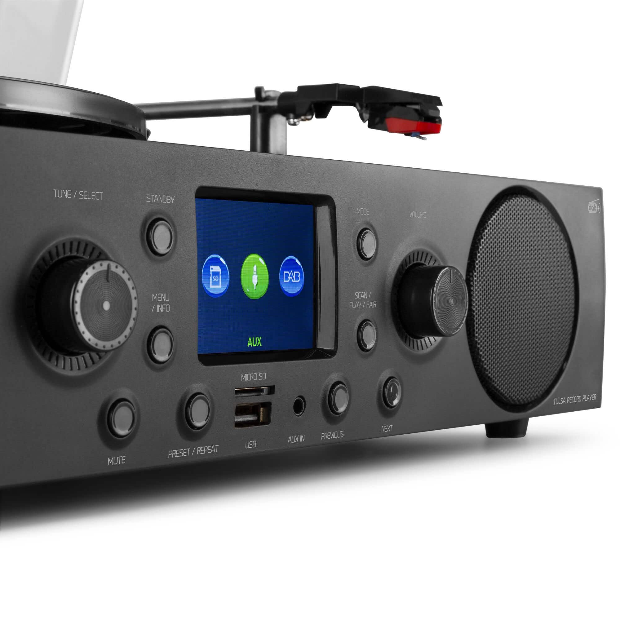 Audizio Tulsa - Sistema estéreo con Tocadiscos Bluetooth 5.0, sintonizador FM, Radio Dab, función de grabación, Tocadiscos con Altavoces, giradiscos, USB, SD, AUX, RCA, Modo Alarma, diseño de Madera