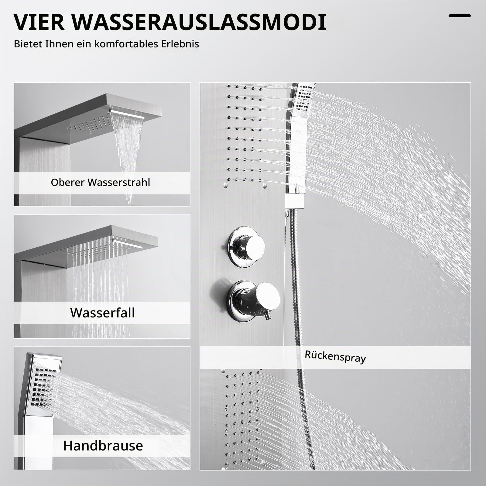 HOMELODY Duschpaneel, 4-Funktion Duscharmatur Komplettset mit Duscharmatur, einschließlich Regendusche, Massagedusche, Handbrause und Wanneneinlauf, geeignet für das Badezimmer, aus Edelstahl
