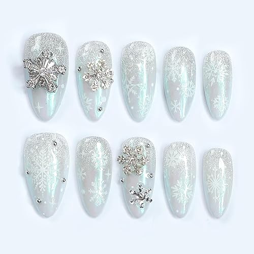 Almond Press on Nails Medium Fake Nails with 3D Snowflake