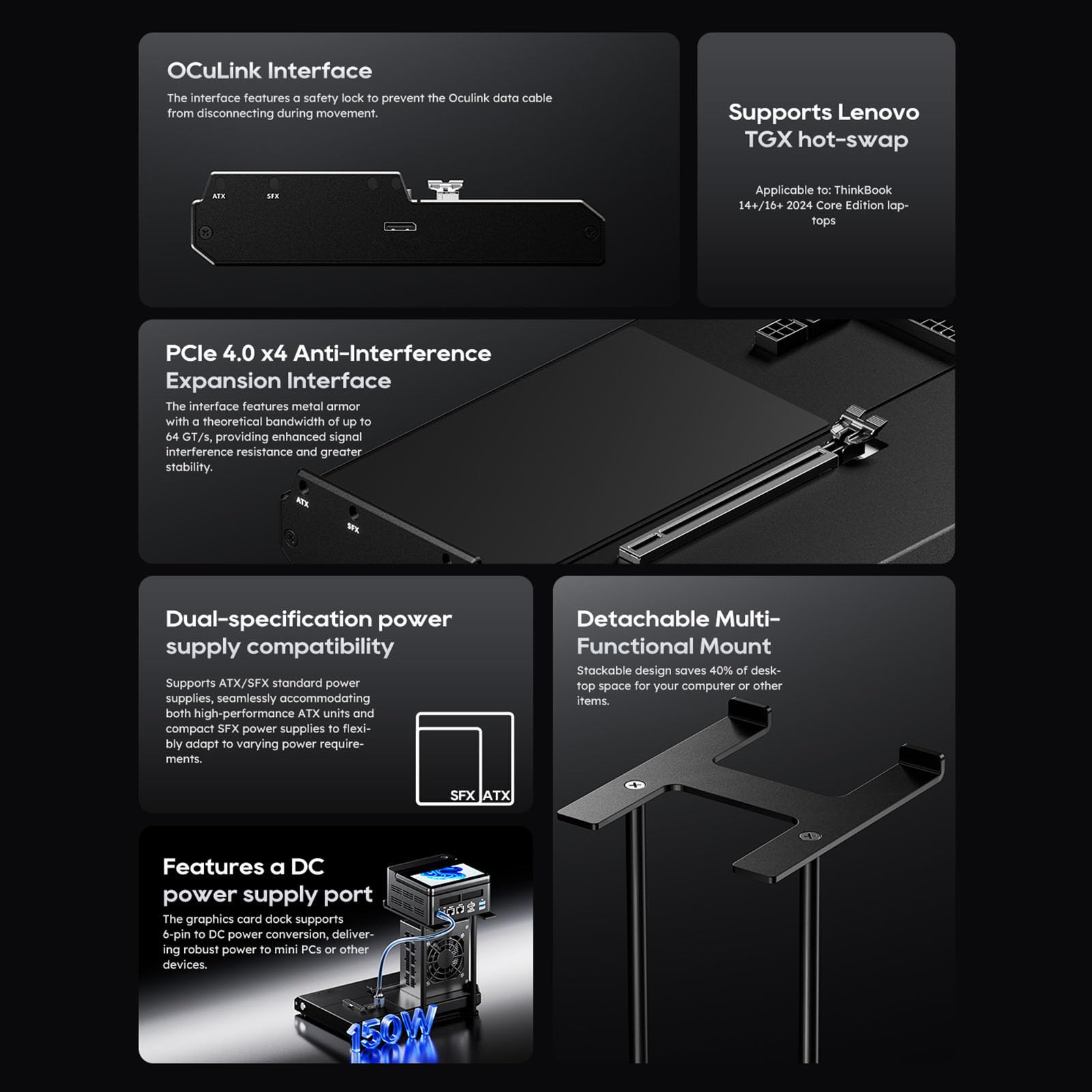 Tangxi Zewnętrzna Stacja Dokująca GPU, dla OCuLink EGPU Zewnętrzna Obudowa GPU Karty Graficzne PCIe 4.0 X4 Stacja Dokująca Akcesoria do Dysków Twardych, Kompatybilność z Dwoma Zasilaczami