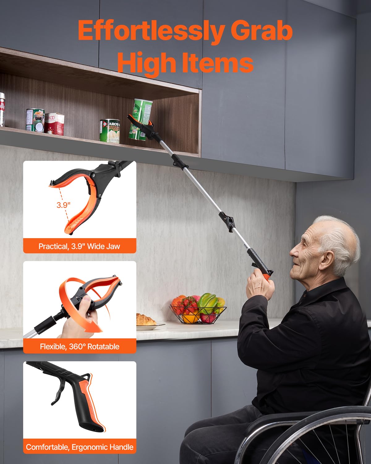 VEVOR Greifwerkzeug, 109,2 cm, faltbar, Greifzange mit 360° drehbarer Backe, Magnet und LED-Licht, leichter Greifzange für Senioren, extra langer Müllpicker, oberer Greifer