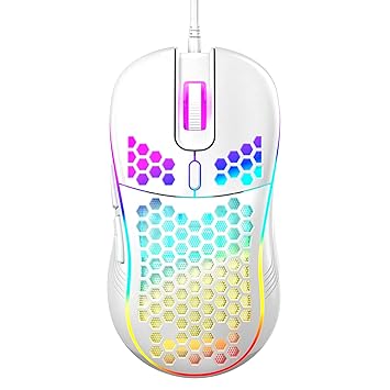 Honeycomb Wired Gaming Mouse, RGB Backlight and 7200 Adjustable DPI, Ergonomic and Lightweight USB Computer Mouse with High Precision Sensor for Windows PC & Laptop Gamers, White