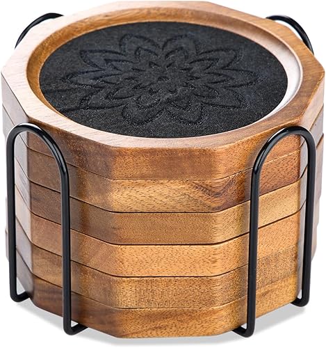 Miniatura 7 de Posavasos de madera para bebidas absorbentes con labio, 4.3 pulgadas, madera de acacia rústica, posavasos de fieltro negro con soporte para mesa de