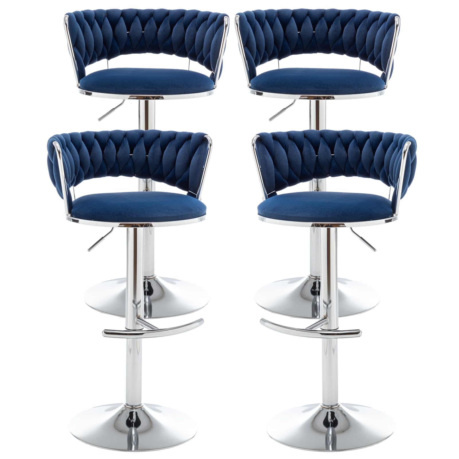 Reyxzoe Velvet Bar Stools Set of 4, Modern Swivel Barstools with Woven Backrest, Adjustable Counter Stools for Kitchen Island, Dining Room, Cafe, Pub