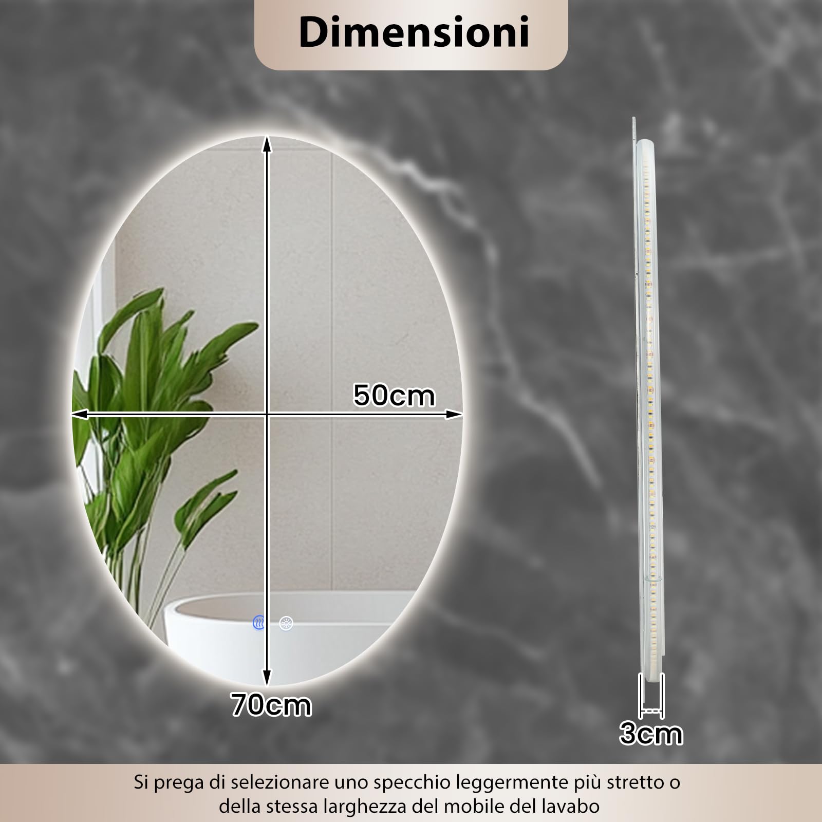 COSTWAY Specchio da Bagno Ovale 70 x 50 cm, Specchio Retroilluminato Bagno con Luce, Antiappannamento, 3 Colori di Luce Dimmerabili, Funzione Memoria e Vetro Temperato Infrangibile per Ingresso, IP44