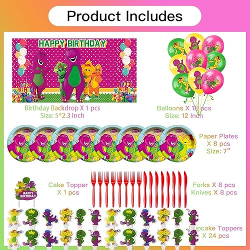 Miniatura 4 de Barney and Friends - Suministros para fiestas, platos, recuerdos, decoración de telón de fondo, globos, pancarta, decoración para pastel de