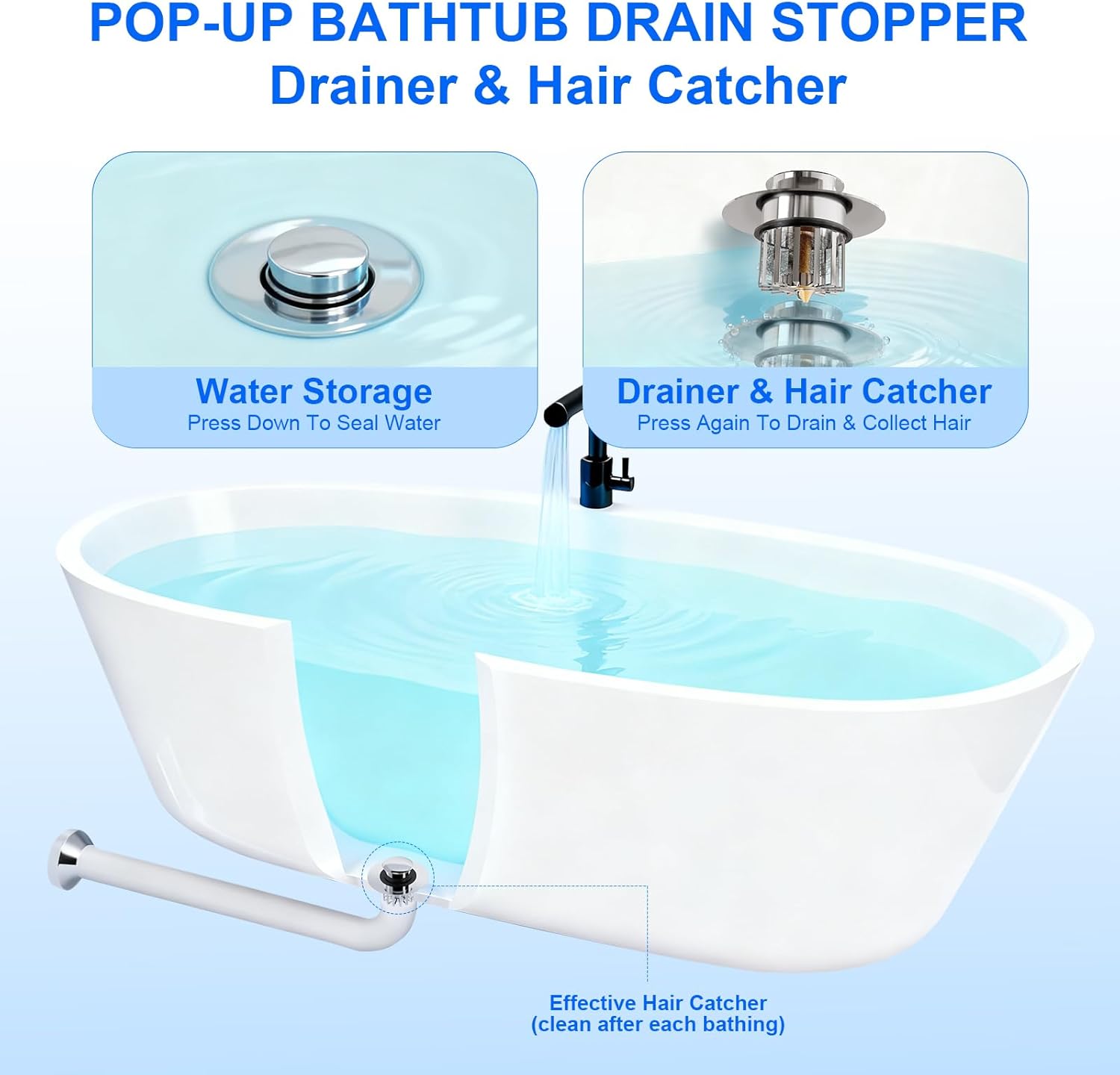 Universal 3 in 1 Bathtub Drain Stopper Anti-Clogging Bathtub Drain Hair Catcher, Pop Up Tub Drain Plug and Cover with Effective Filter Basket for for 1.4” to 1-3/4" Drain Hole - Image 8