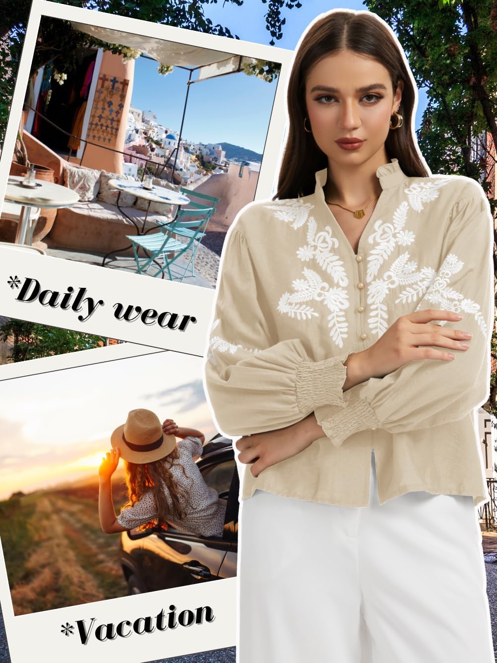 Embroidered Tops for Women, Boho Floral Mexican Blouse, V-Neck Puff Long Sleeve, Button Down Ruched Shirts Casual - Image 3