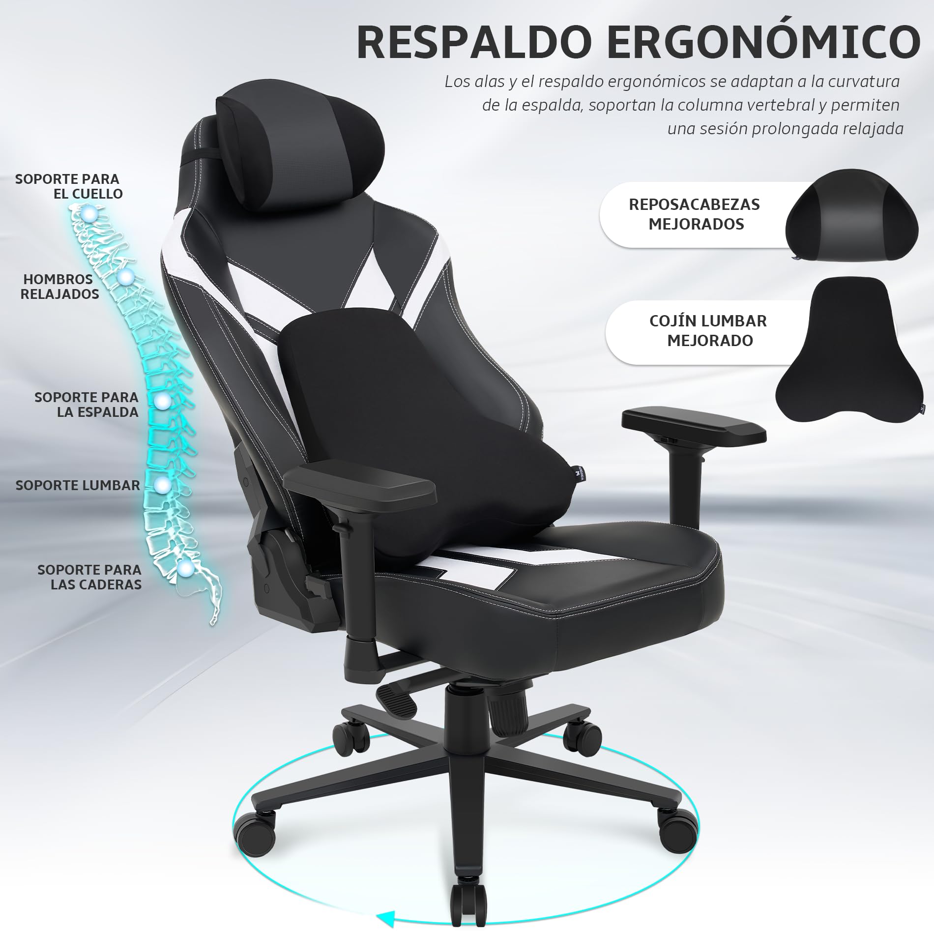 Silla Gaming ergonómica, Silla Escritorio Gaming Carga 200kg | Sillon Gamer con Reposacabezas, Cojín Lumbar, Reposabrazos 4D, Mecanismo basculante, Base Reforzada，PU Negro y Ante Blanco