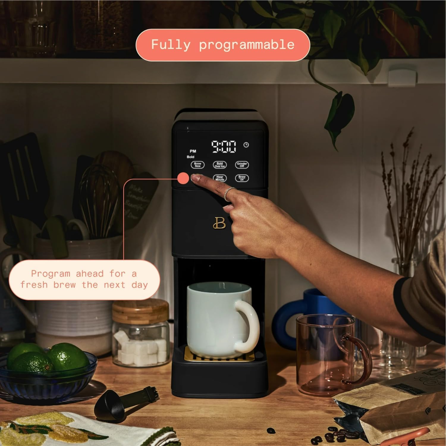 B - Perfect Grind Programmable Single-Serve Coffee Maker with Built-In Grinder, Fresh Ground Brewing, Touch Controls, Reusable Filter, Compact Countertop Design (Black Sesame)