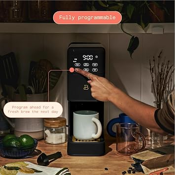 B - Perfect Grind Programmable Single-Serve Coffee Maker with Built-In Grinder, Fresh Ground Brewing, Touch Controls, Reusable Filter, Compact Countertop Design (Black Sesame)