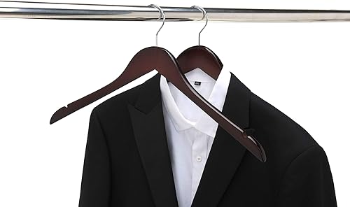 Miniatura 5 de Perchas de madera semicurvadas de calidad, paquete de 10 perchas de madera maciza con acabado liso con gancho giratorio, chaqueta, pantalón, perchas