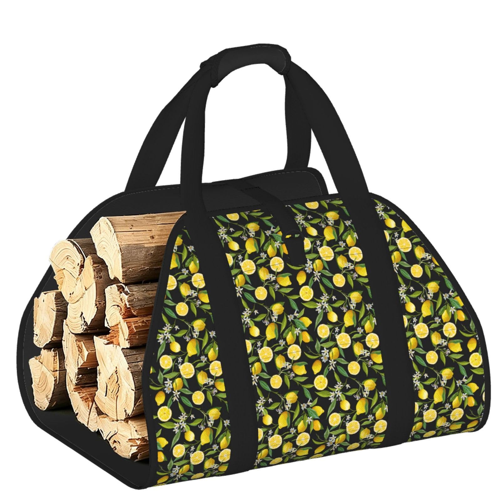 Ayyqwe Black Yellow Lemon Print Firewood Bag Wood Waterproof Versatile Camping Picnic Storage Daily Home