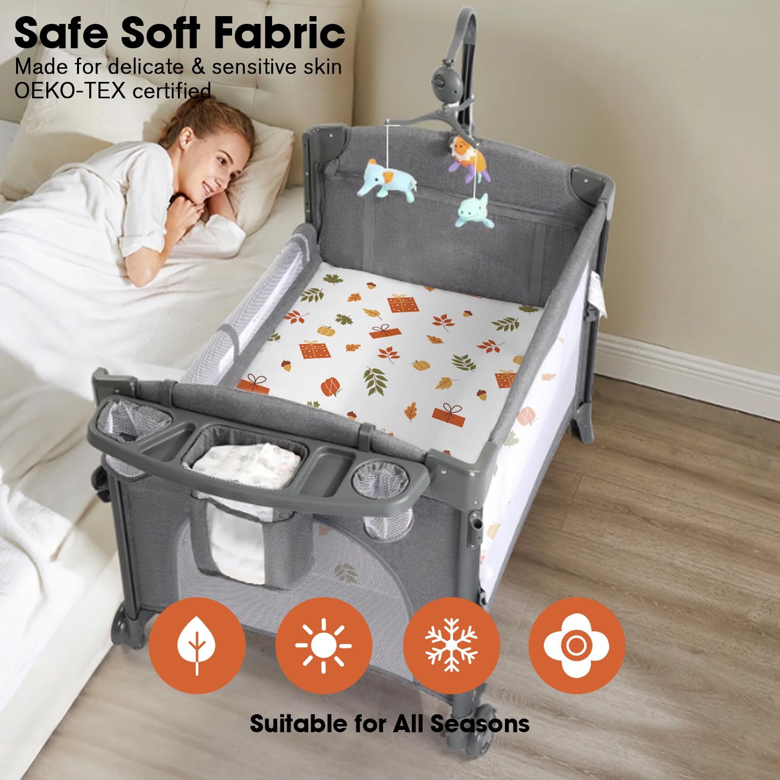 Bimocosy Sábanas para cuna, paquete de 4 sábanas para bebé, tamaño 38 x 26 pulgadas, para colchón de corralito, mini cuna portátil, sábanas suaves para bebé, dinosaurio/hojas/caqui/marfil