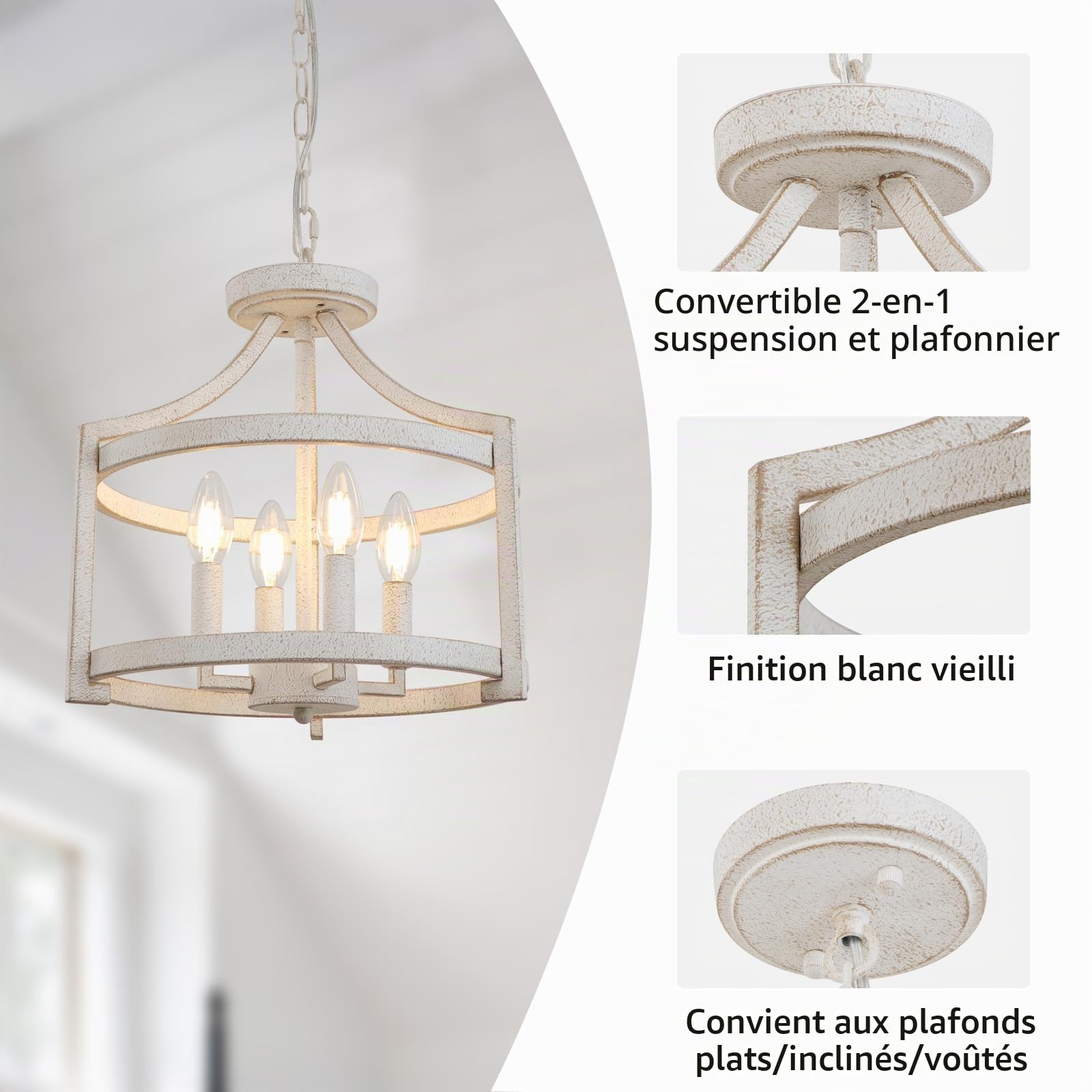 Lustre blanc antique à 4 lumières, suspension vintage en métal convertible, plafonnier pour salon, ferme, lustres rustiques pour cuisine, salle à manger, chambre à coucher, couloir