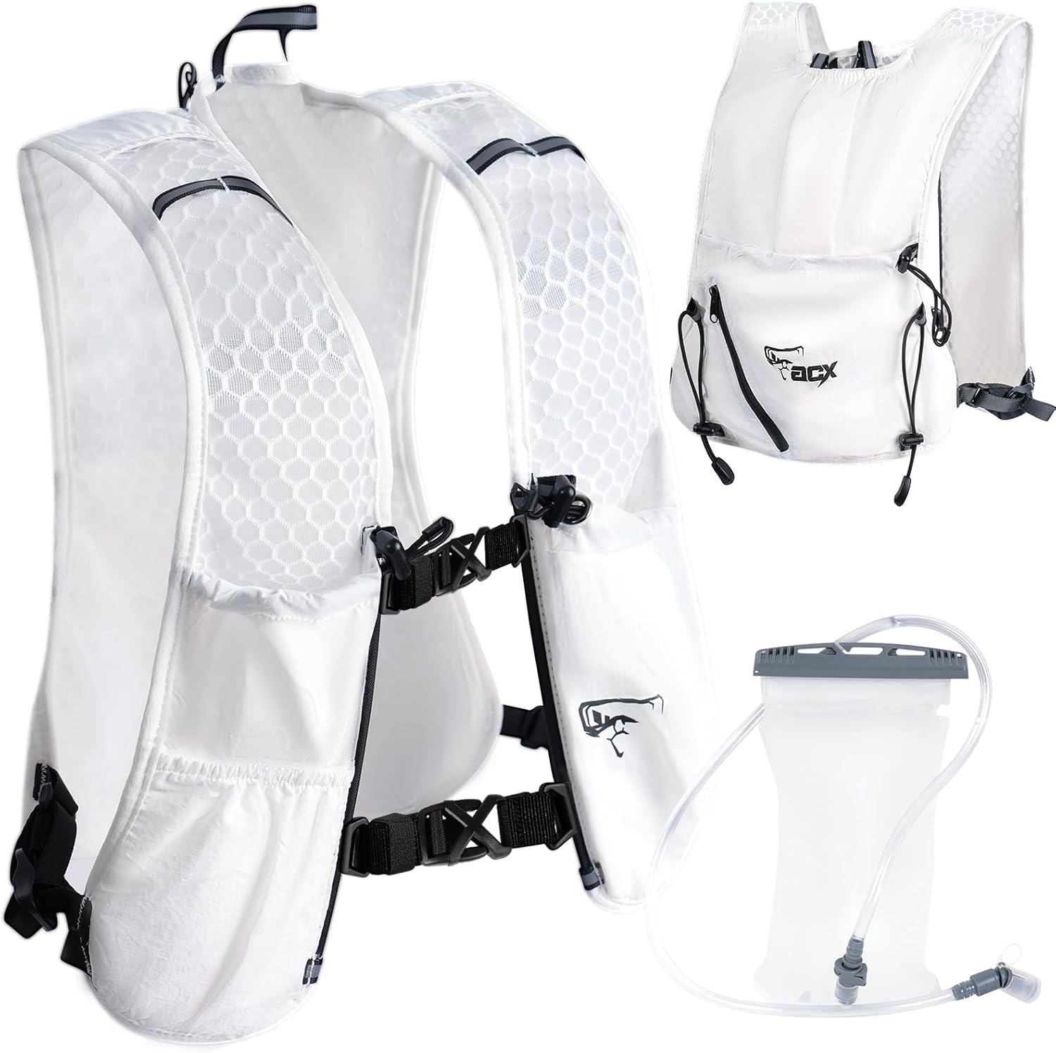 Hydration Backpack for Women Men, Lightweight Running Vest with 1.5L Water Bladder, Breathable Water Backpack for Hiking Running Cycling Climbing-White/Black