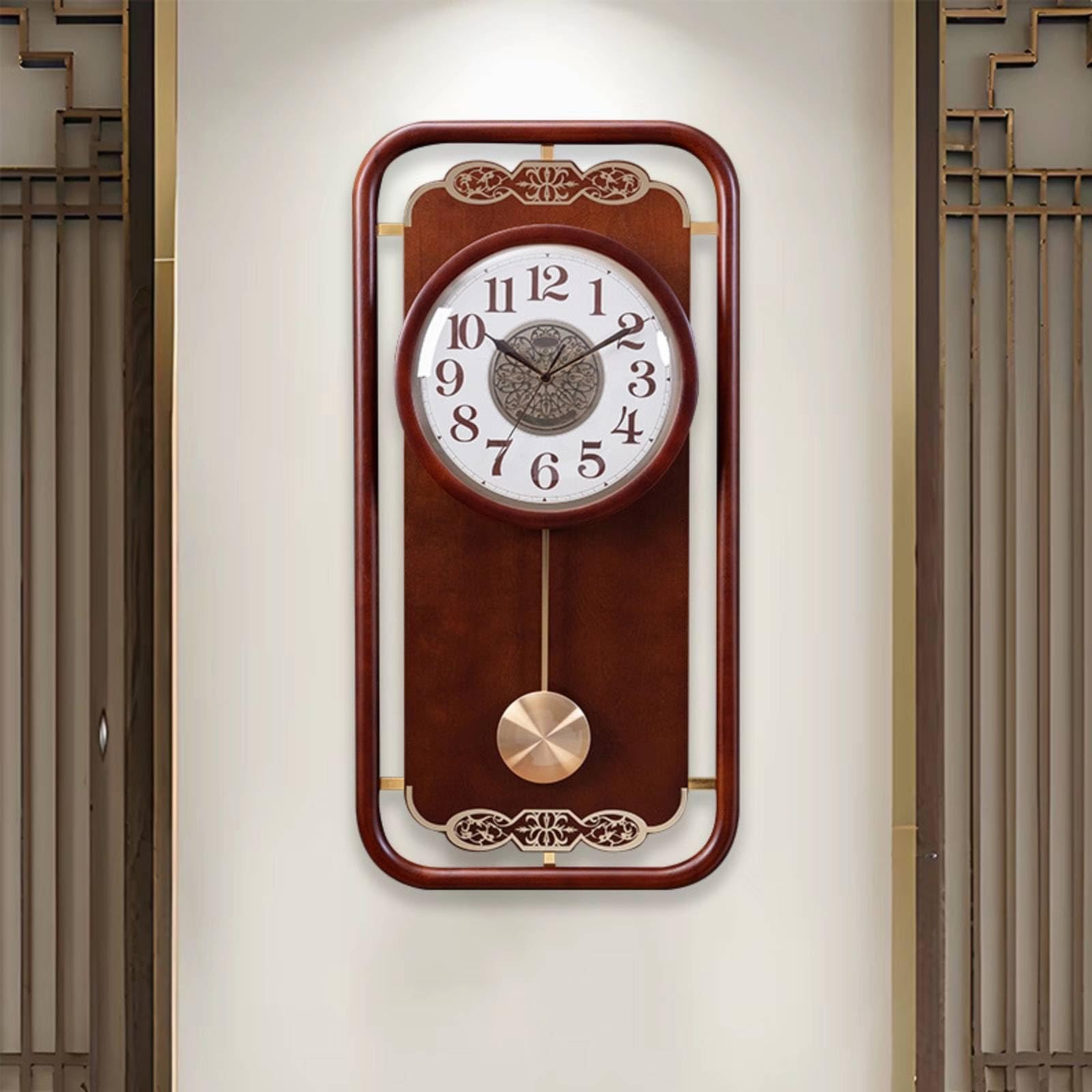 Baoblaze Reloj de Pared Silencioso Reloj Colgante Rectangular Madera Vidrio Claro Diseño Esquinas Redondeadas Patrón Central, Reloj De Pared De Madera Maciza Jinzhongbao Modelo con Campanadas