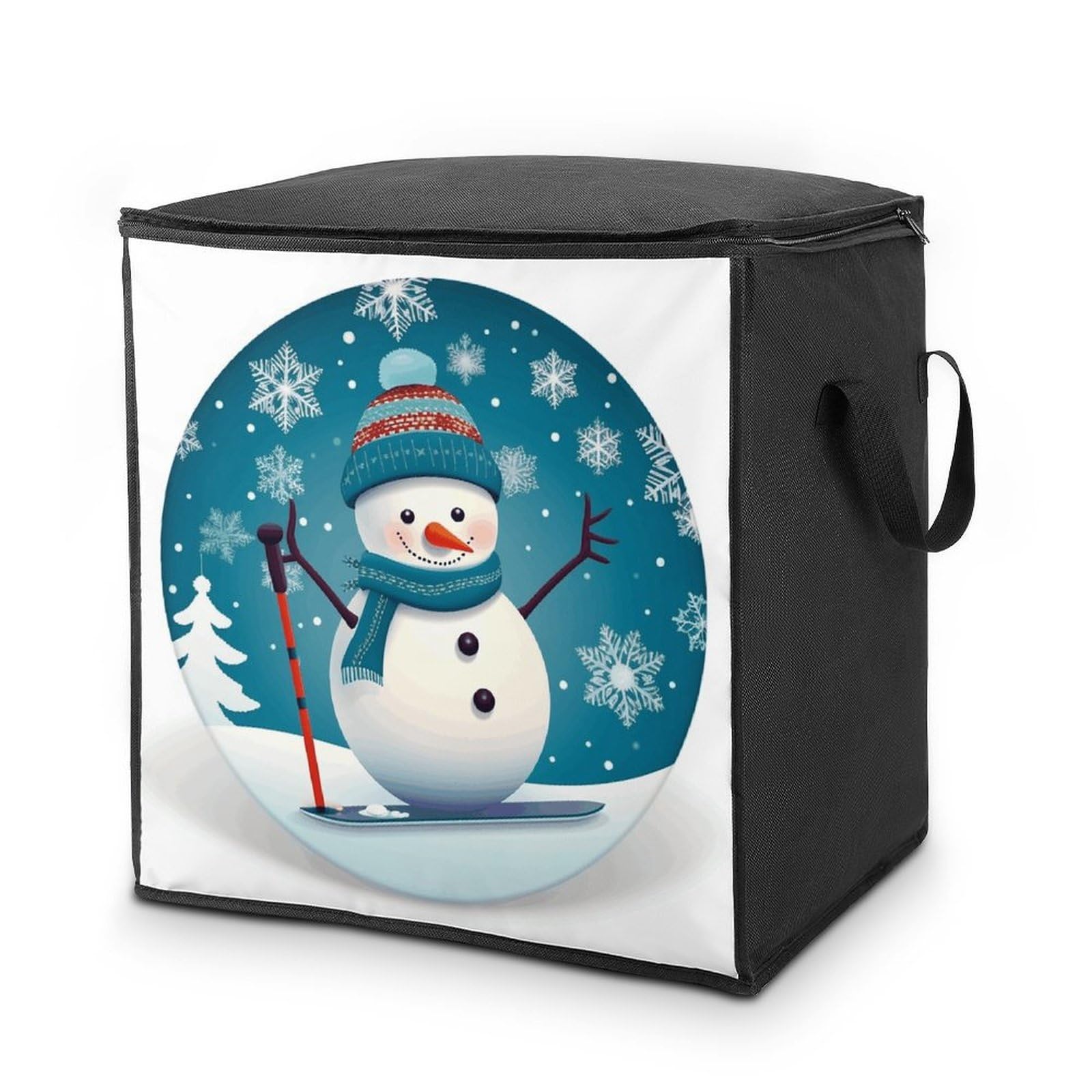 Lovely Christmas Cartoon Skiing Snowman Snowflake Storage Bag with Zippers And Handle Extra Large Bedding Comforter Storage Bag Foldable Blanket Storage Bags Fabric Moving Bags for Closet Organizer (7