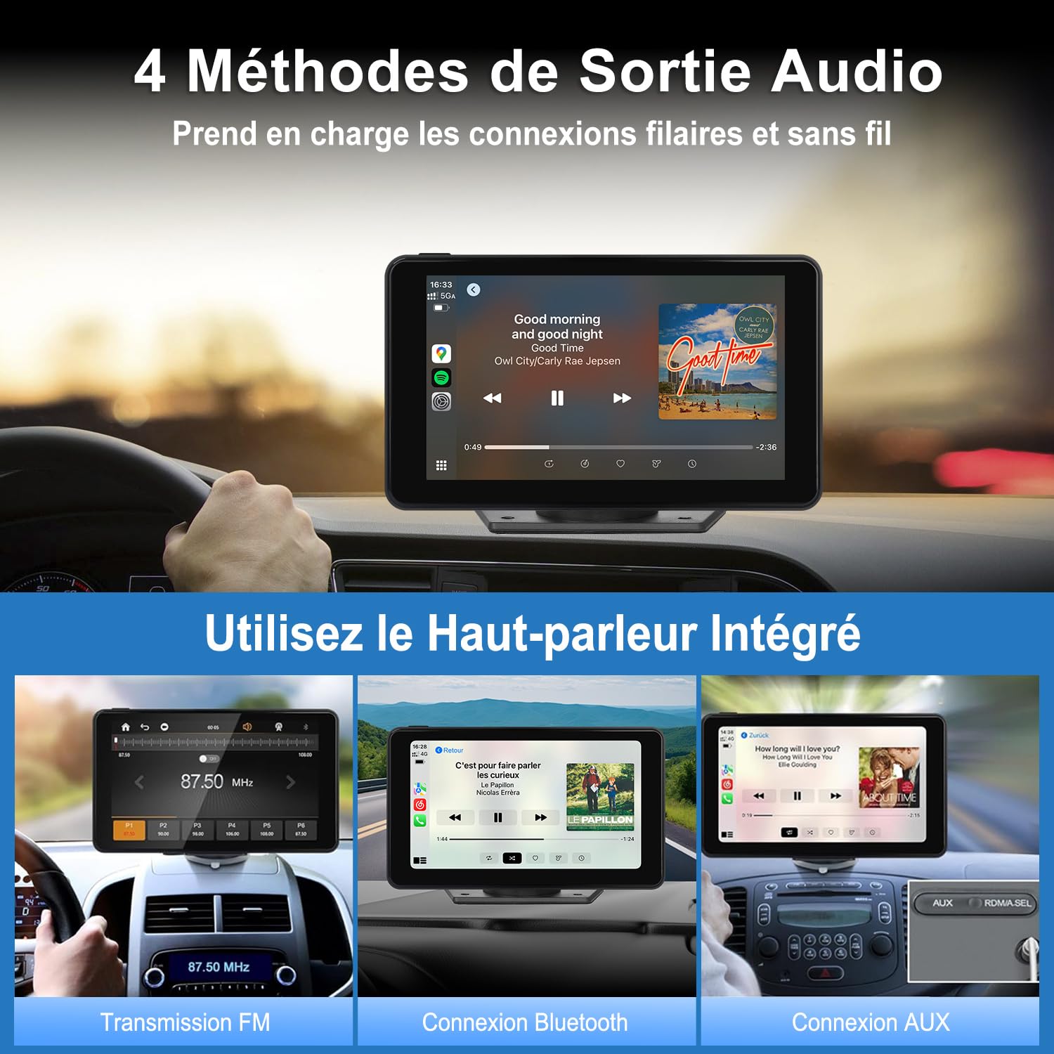 CarPlay Voiture, Portable Autoradio CarPlay & Android Auto sans Fil, Stéréo de Voiture 7 Pouces Écran Tactile avec GPS Navigation, Contrôle Vocal, Bluetooth Appels avec Mains Libres, FM, MirrorLink