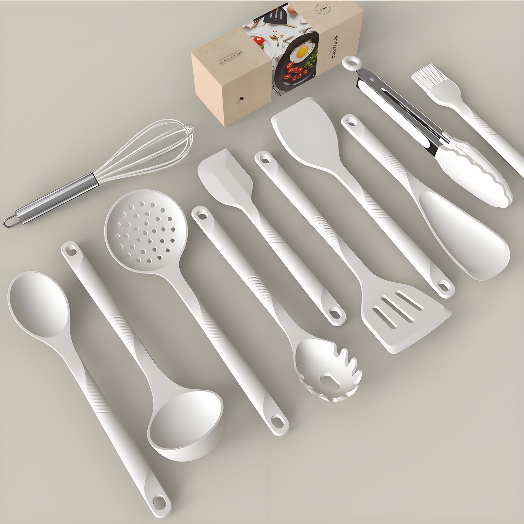 Juego de utensilios de cocina de silicona resistentes al calor, antiadherentes con espátulas, cucharas, batidor, pinzas, sin BPA, aptos para lavavajillas, color blanco crema
