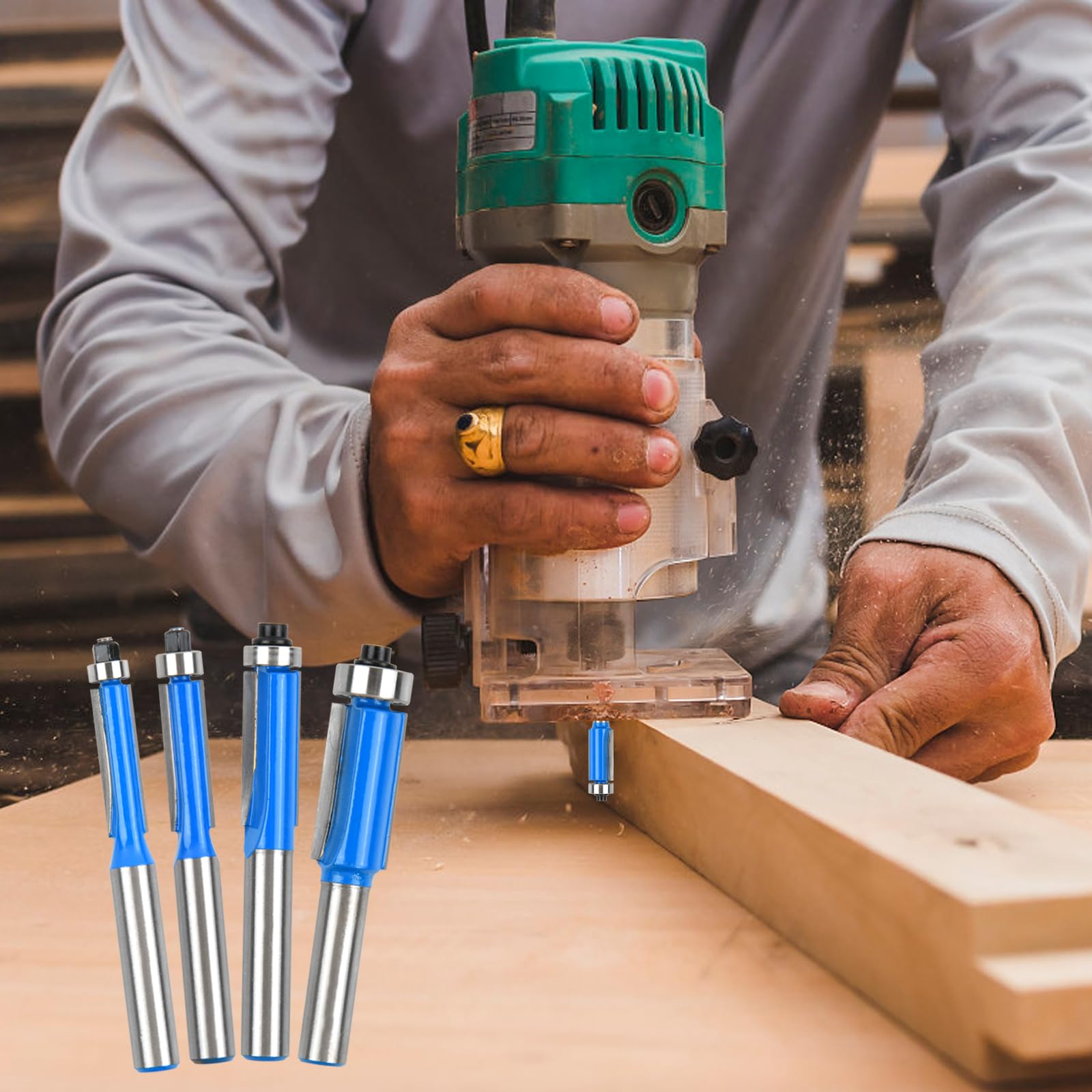 Set di 4 punte per fresatrice 8 mm, frese dritte e scanalatrici in carburo per legno, accessori per fresatrice - blu