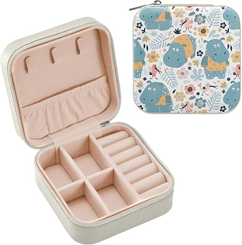 ZZKKO Joyero pequeño con diseño floral de hipopótamo, joyero de viaje, organizador de viaje de cuero, mini cajas de almacenamiento portátiles para
