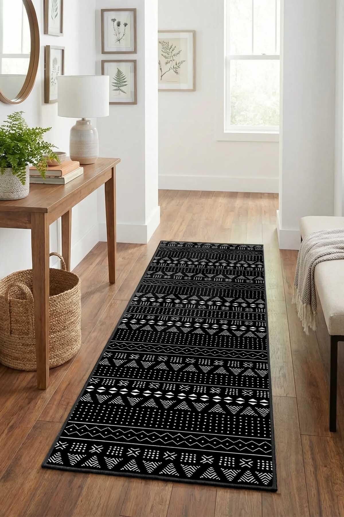 Monnhein Beyaz Siyah Yolluk Sümer - Yıkanabilir, Kaymaz Taban, Dijital Baskılı, Leke Tutmaz, İnce Hav, Modern Koridor, Mutfak, Antre ve Salon için Dekoratif Yolluk