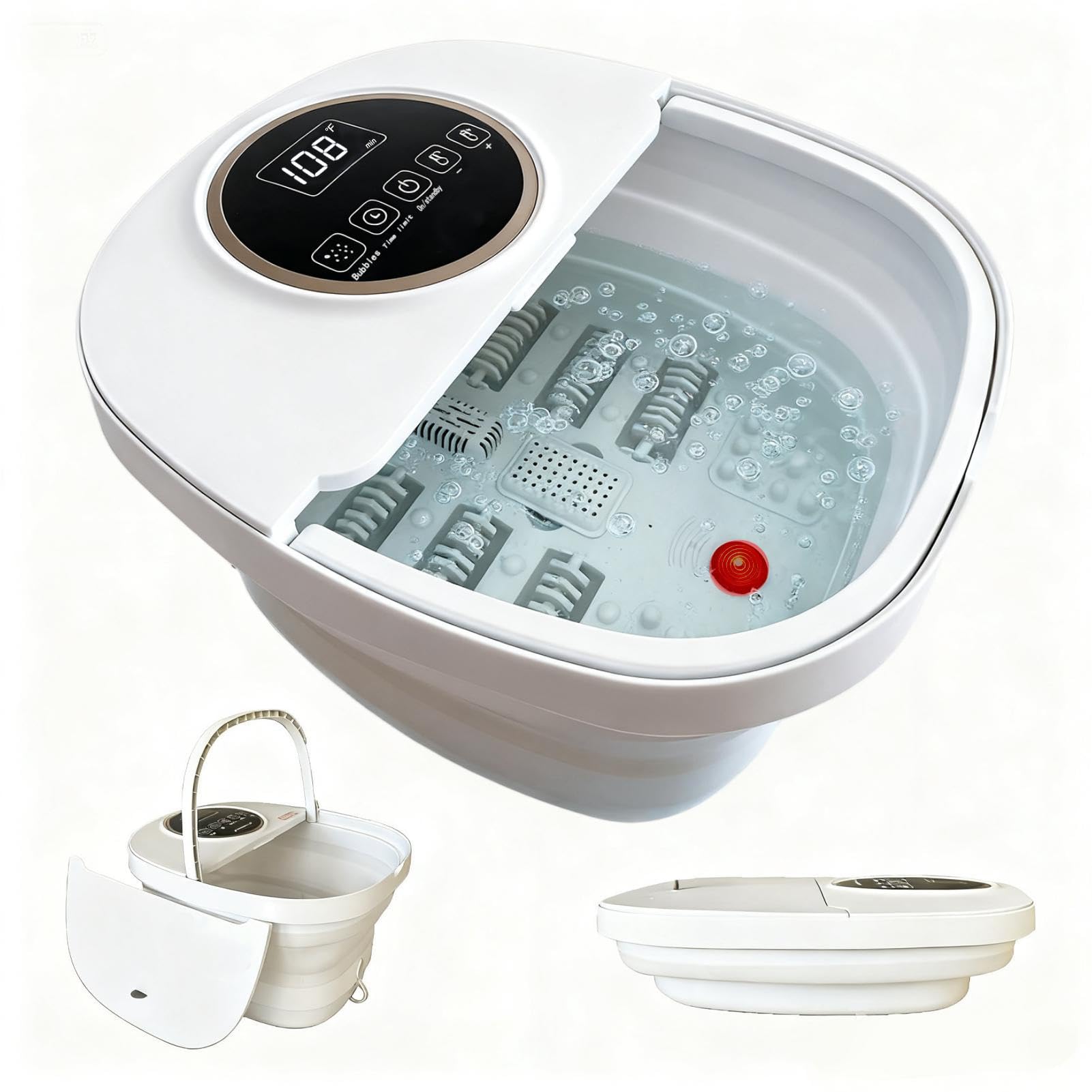 Rozeta Collapsible Foot Spa, Foot Bath with Heat, Bubble,Foot Soaking Tub,Adjustable Temperature 95~118℉,6 Massage Rollers,10~60 Minutes Timer,Red Light, Birthday Gifts White