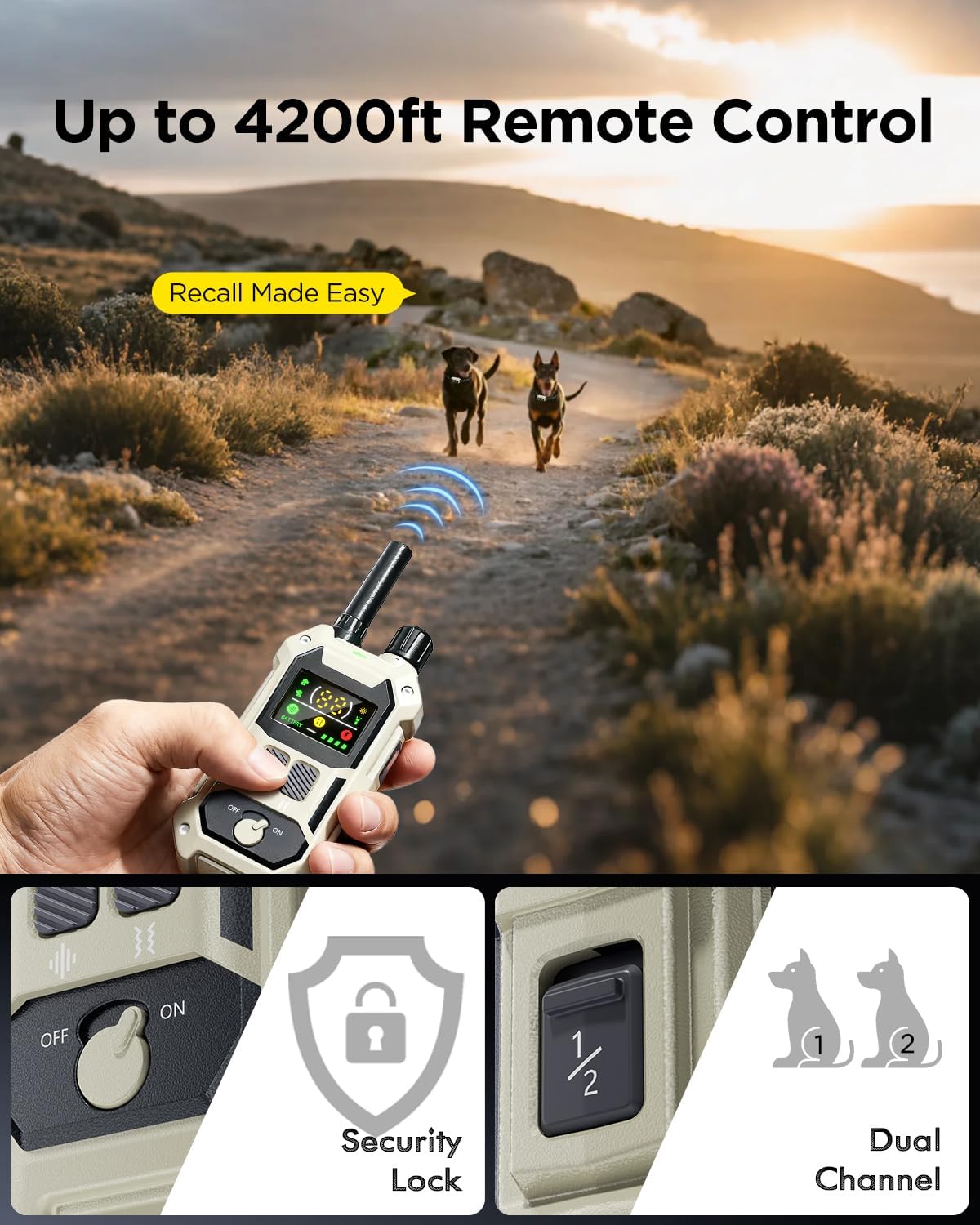 BLACKDOG Military Dog Shock Collar 2 Dogs (5-150lbs) - 4200ft Dog Training Collar with Remote, 4 Training Modes, Flashlight&Strobe, 90-Day Battery, IP67 Waterproof Dog E Collar for All Breeds (Beige)