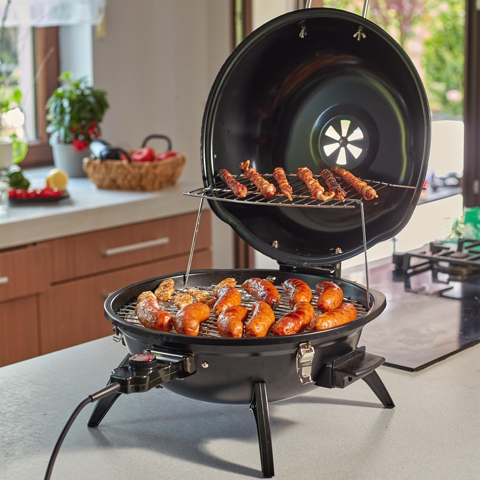 CUSIMAX Barbecue électrique de table, pour utilisation intérieure et extérieure, balcon, jardin et cuisine, 1600W Barbecue électrique de table portable avec couvercle et température réglable