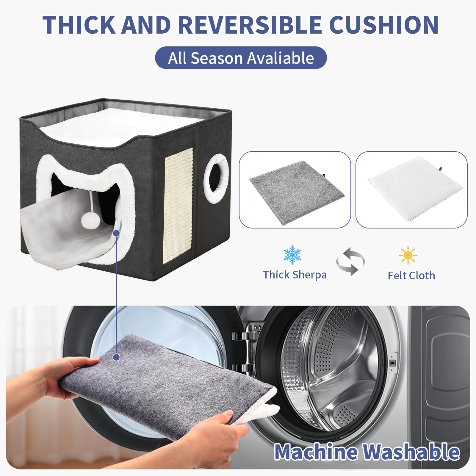 سرير للقطط في الاماكن المغلقة، كهف قطط كبير مع كرة منفوشة ووسادة خدش، منزل خدش للقطط قابل للطي مع مسكن مخبأ للقطط، 16 × 16 × 14 انش