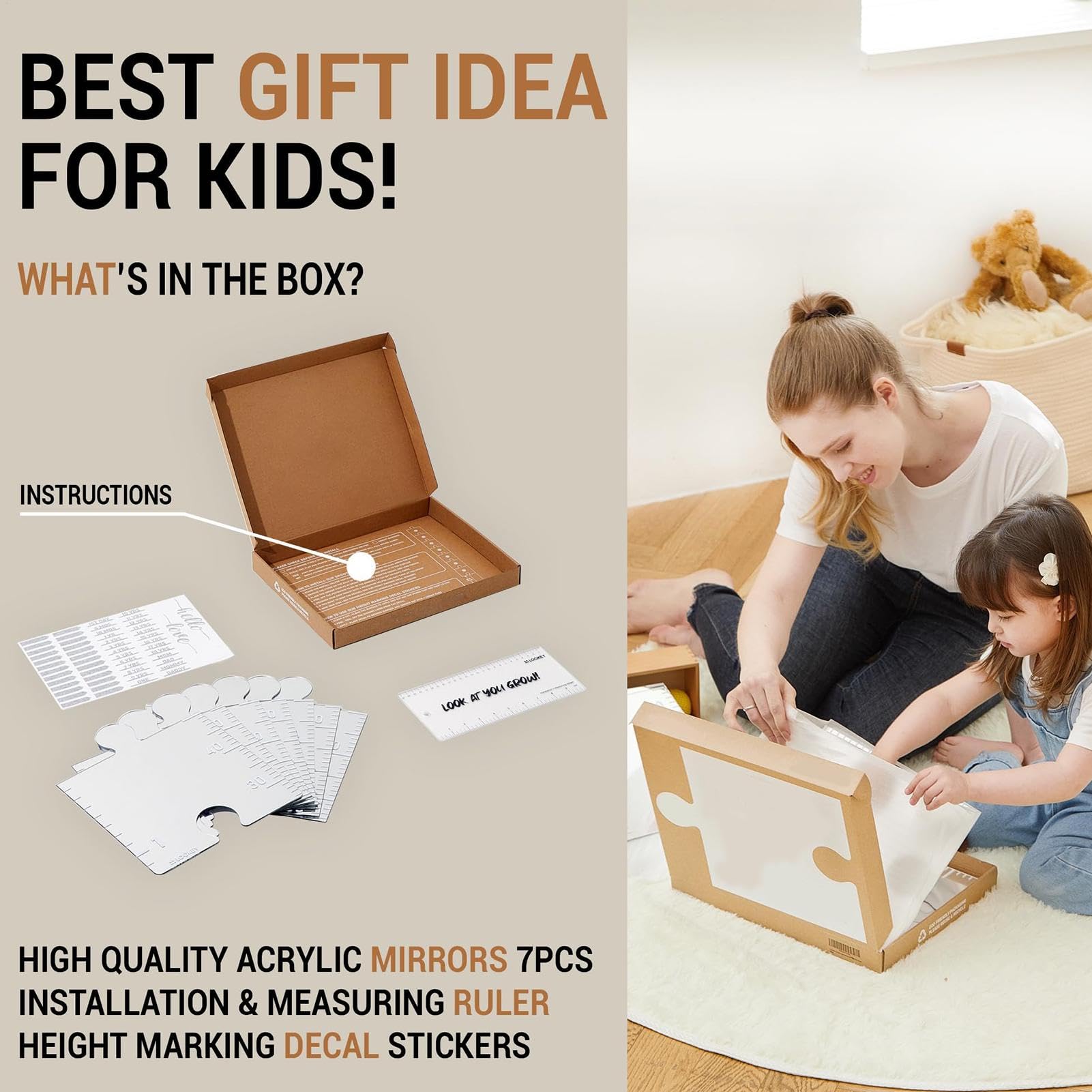 Growth Chart Mirror - Mirror Measuring Chart For Kids Height | Acrylic Mirror Height Chart | Height Ruler With Stickers Kids Growth Chart For Wall Height Ruler With Marking Decal Stickers For Baby Kid