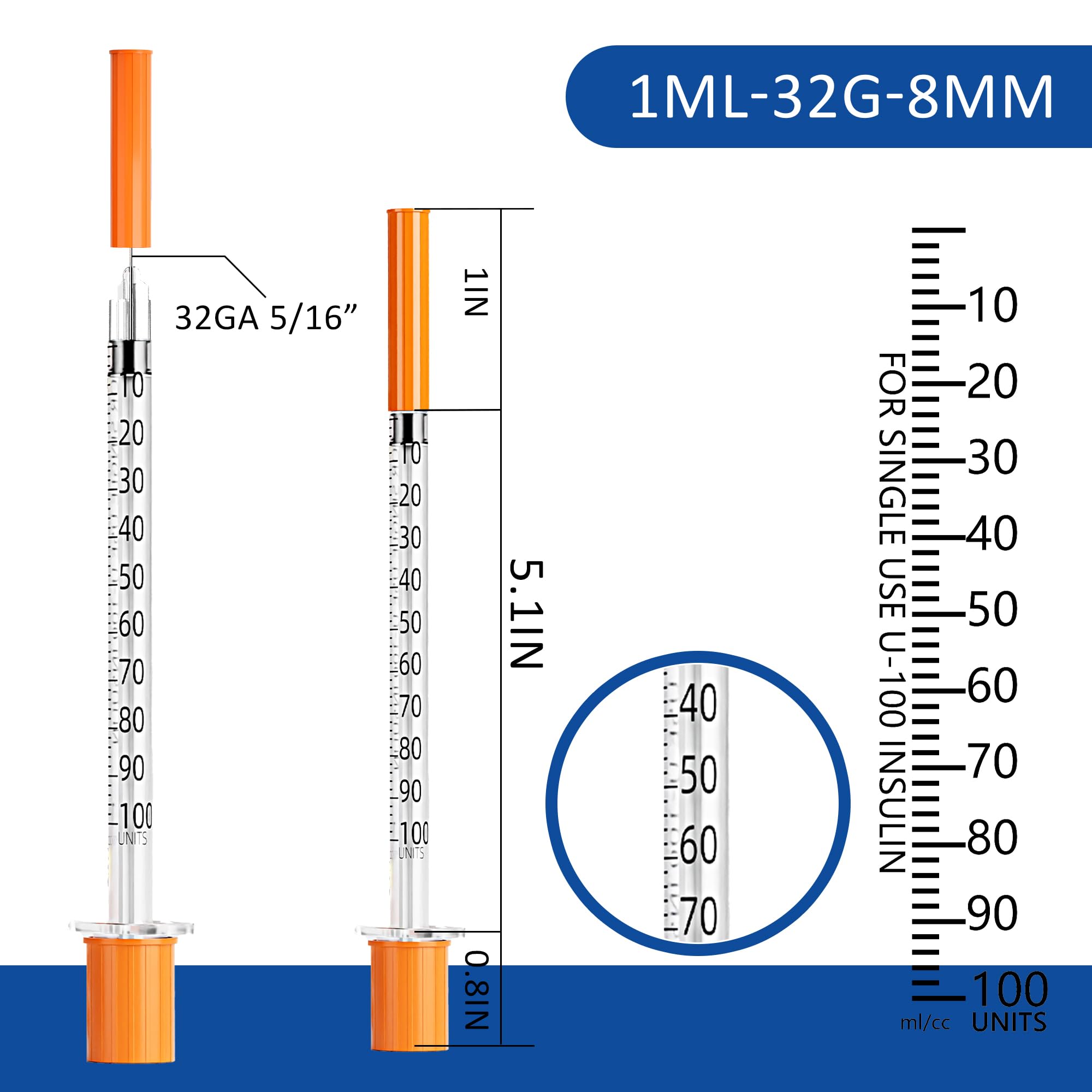 U-100 1ml Syringe 32G 5/16 Inch(8mm) , Syringes for Lab Supplies Dispensing Supplies, Individually Wrapped, Pack of 20 — Amazon image 3
