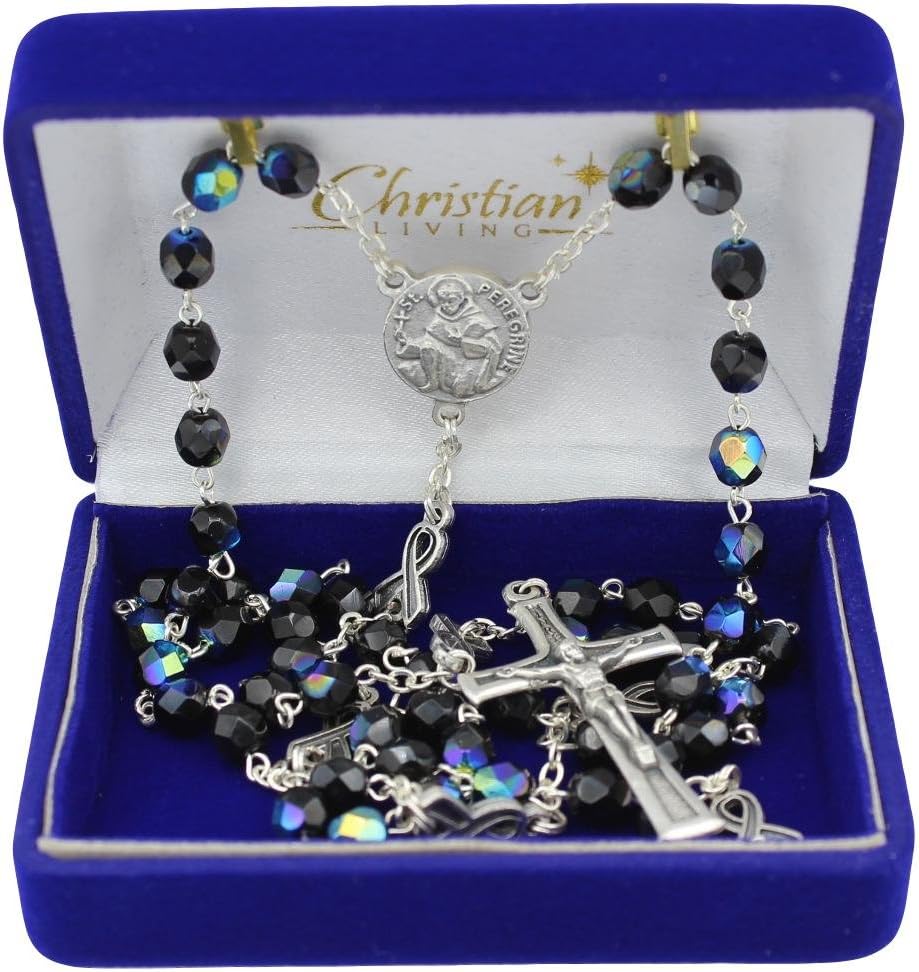 Christian Living St Peregrine 6mm Black Glass with AB Finish Bead Rosary