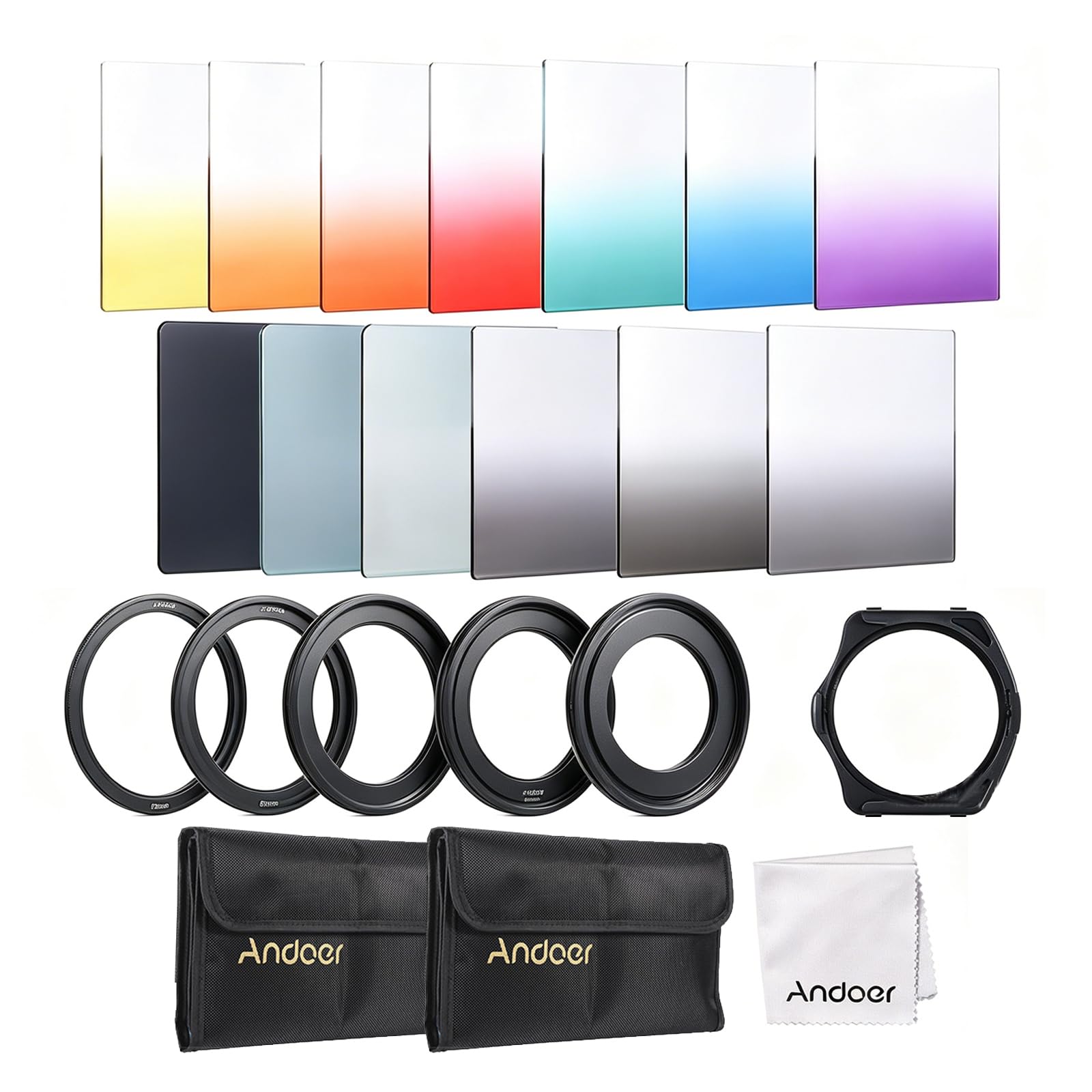 Andoer, kit da 13 filtri gradienti colorati, per Cokin P Series, con portafiltro e anello adattatore (52 mm/58 mm/62 mm/67 mm/72 mm), custodia, panno di pulizia
