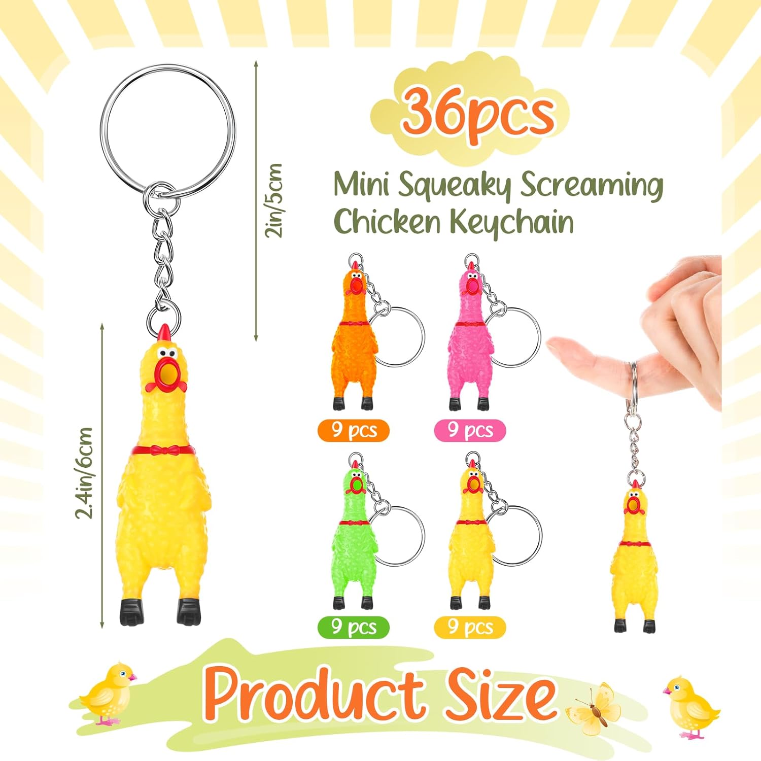 Shappy 36 Pcs 2.4" Mini Rubber Chicken Keychains Squeaky Screaming Chicken Squeeze Pendant Gag Gifts for Christmas Birthday Party (4 Colors)