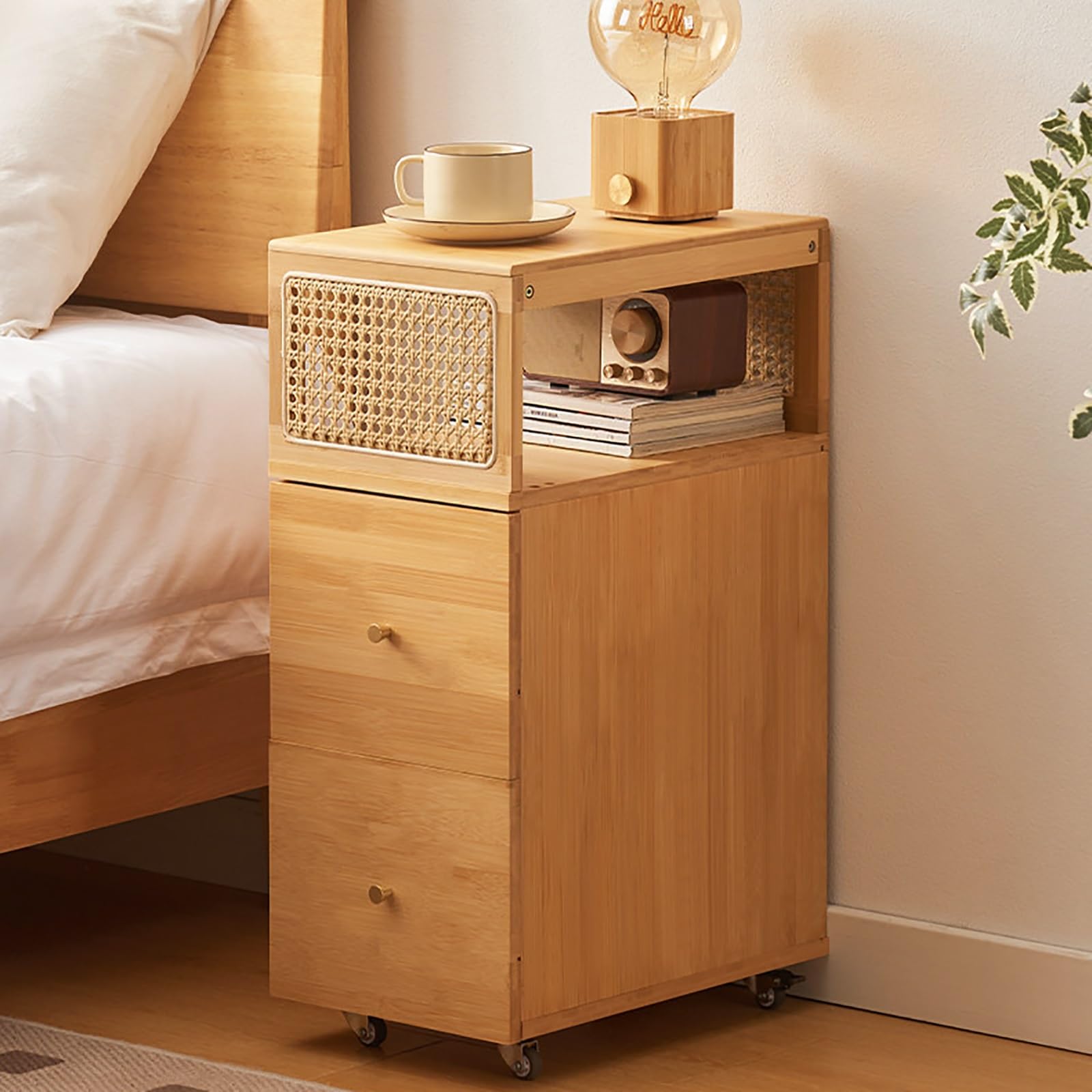 Table de chevet avec 2 tiroirs pour coin lecture | Meuble de nuit compact sur roulettes