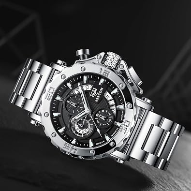 NEKTOM Watches for Men with Stainless Steel, Quartz Analog Watch with Date, Luxury Minimalist Dress Mens Watches, Chronograph Watch, 3ATM Waterproof, Black Wristwatch, Gifts for Men