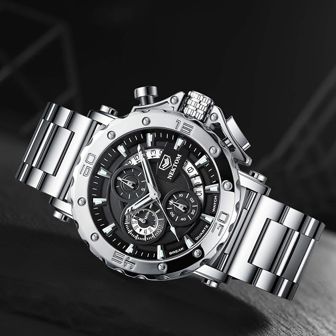 NEKTOM Watches for Men with Stainless Steel, Quartz Analog Watch with Date, Luxury Minimalist Dress Mens Watches, Chronograph Watch, 3ATM Waterproof, Black Wristwatch, Gifts for Men