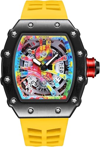 PINTIME Mens Luxury Tonneau Fashion Halo Punk Graffiti Art Dial Hip Hop Unique Sport Watch Japanese Movement Luminous Design Silicone Band, Yellow Band & Black Case Fashion Watch