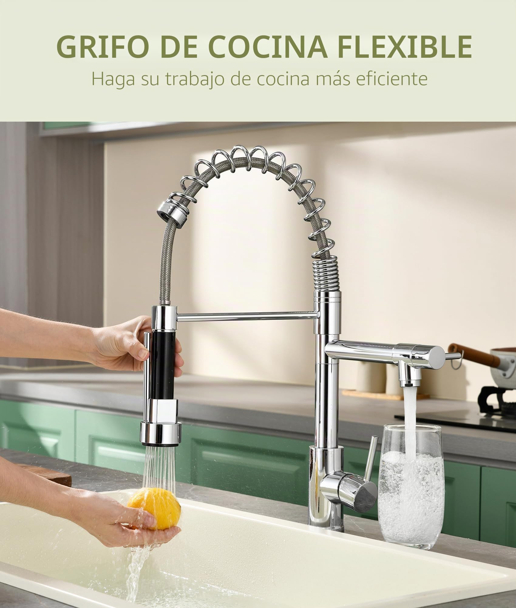 Grifo Cocina, grifo de cocina extraible con resorte, monomando mezclador de fregadero acero inoxidable, torneira cozinha con giratorio 360° (cromo+doble función)