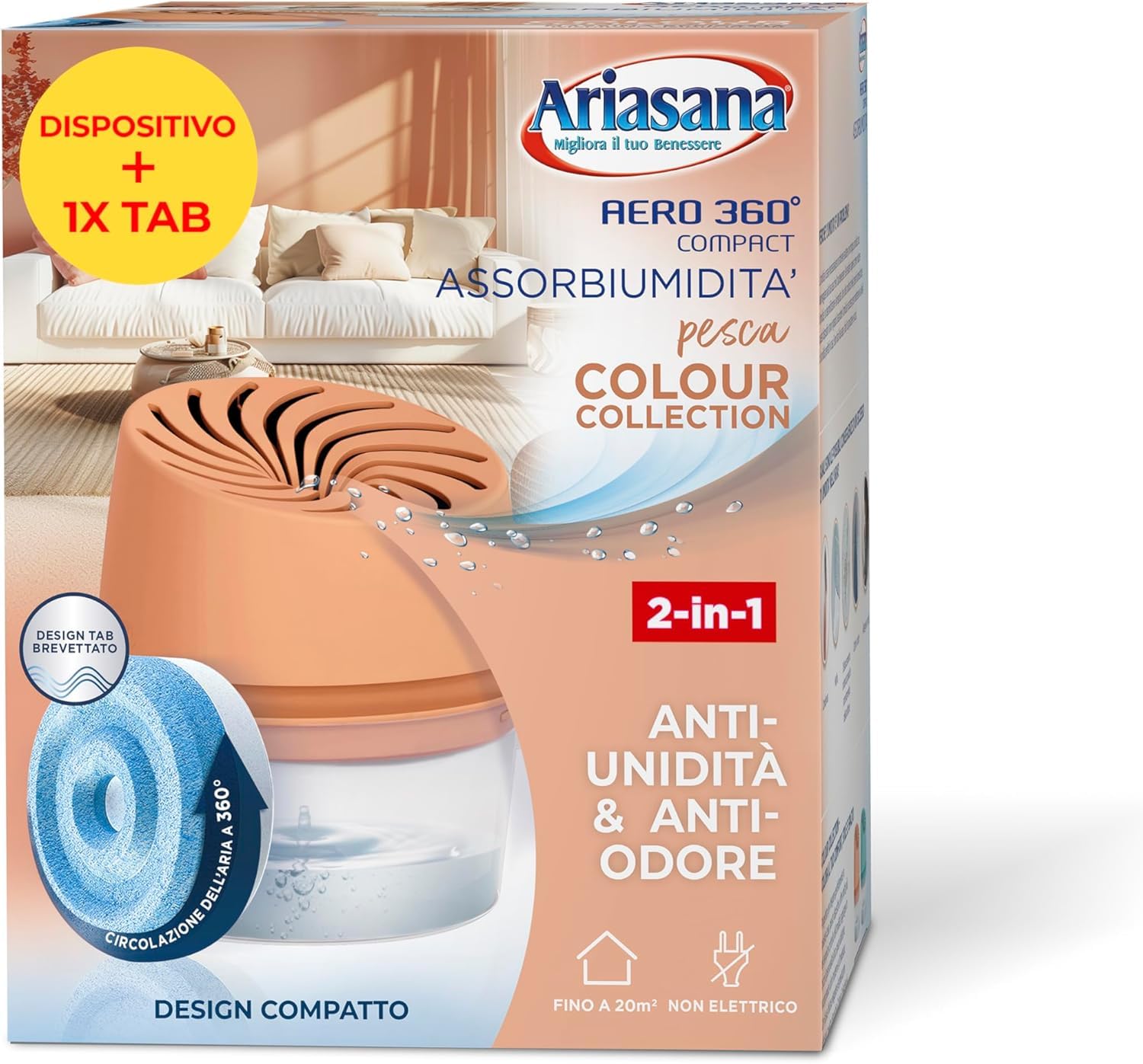 Ariasana Assorbiumidità Aero 360° Compact Pesca Colour Collection, 1 Deumidificatore e 1 Tab di ricarica 450g, Assorbiumidità per la circolazione dell'aria, Deumidificatore casa contro l'umidità
