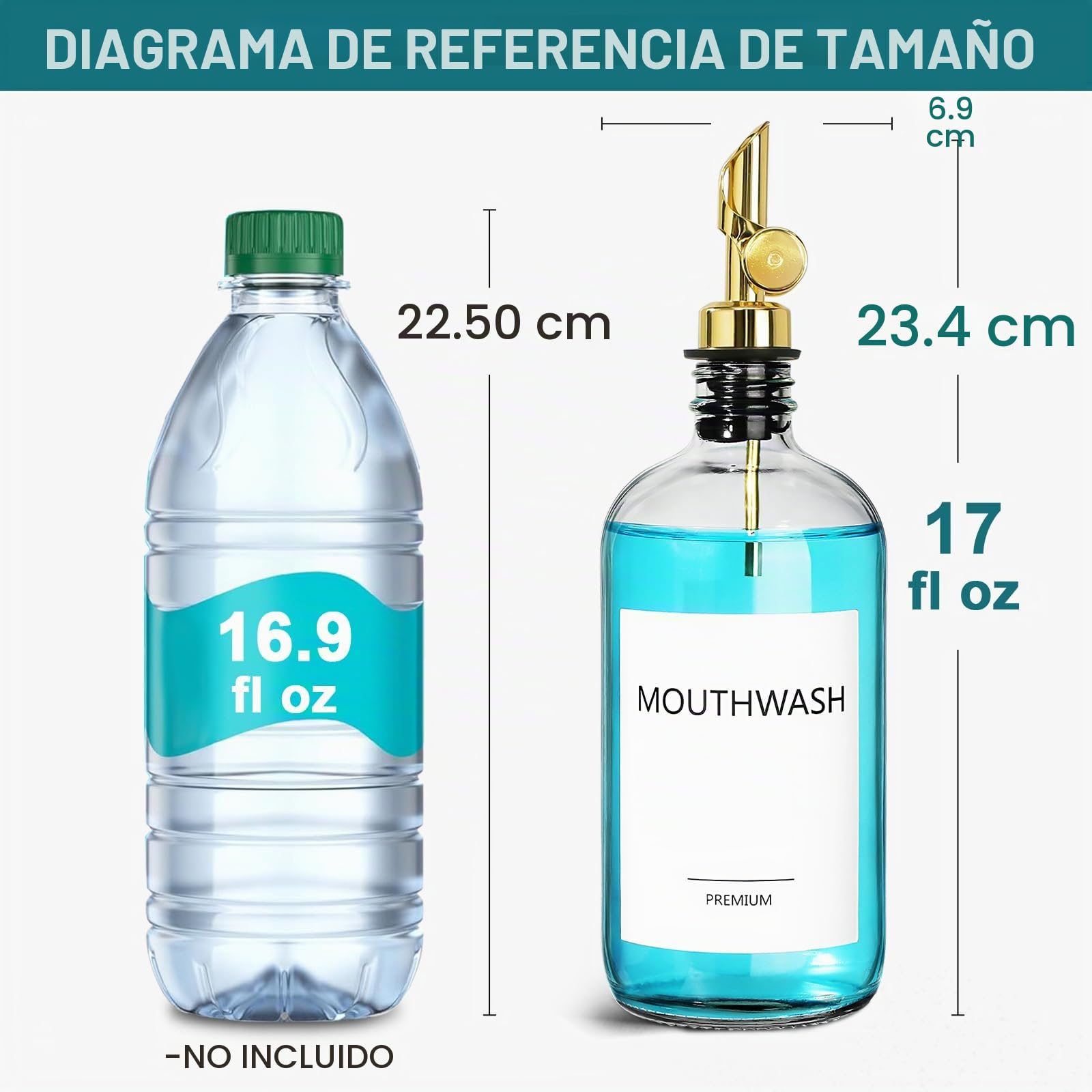 Dispensador de enjuague bucal para baño, dispensador de enjuague bucal de vidrio de 17 onzas líquidas con taza, botella de recipiente de enjuague bucal con taza, decantador de enjuague bucal