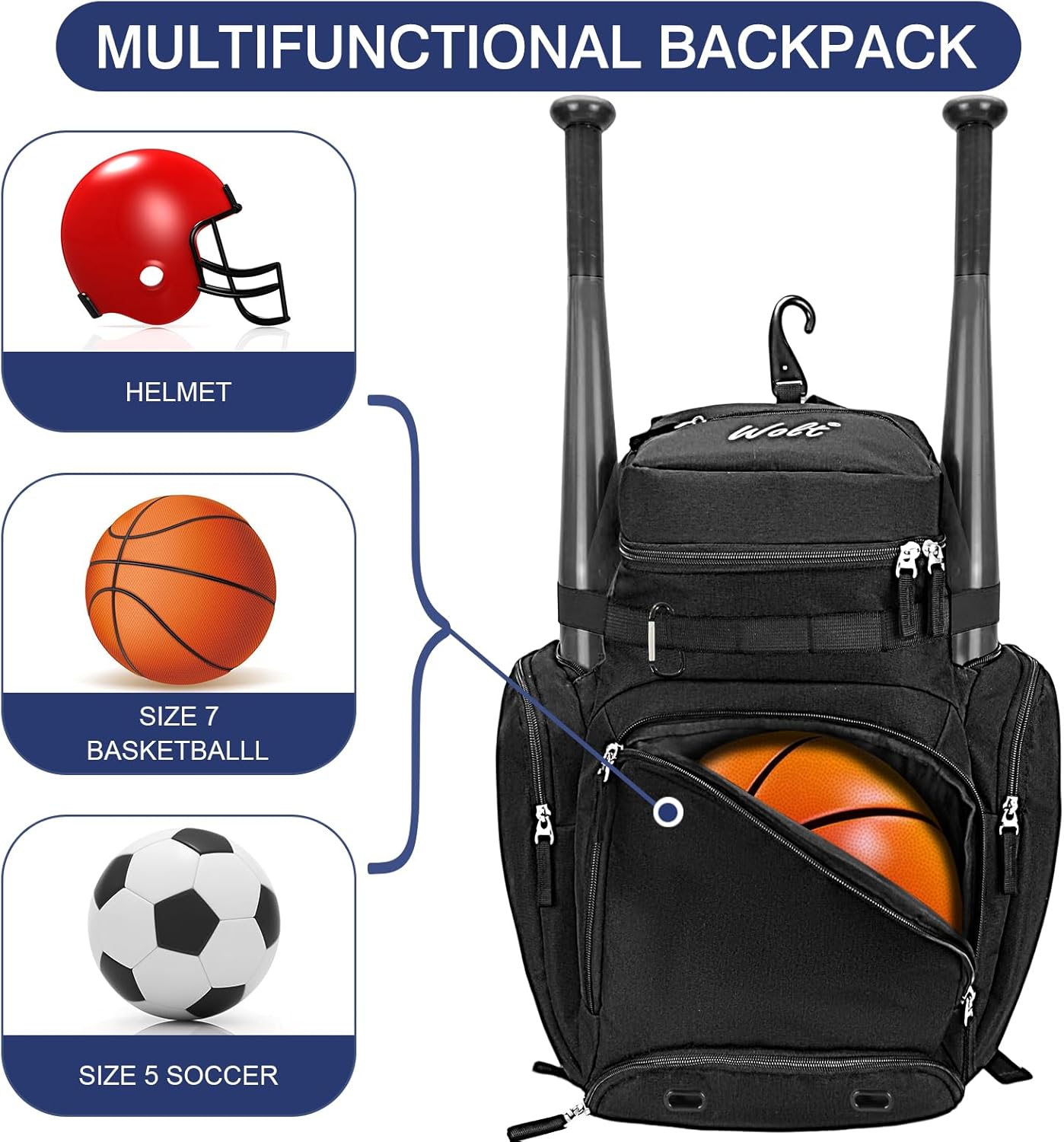 WOLT Baseball Bag Backpack for Youth and Adults-Softball Bag with Separate Helmet Compartment and Shoes Pocket,Multifunctional Sport Backpack for Baseball, Volleyball,Basketball, Soccer - Image 2
